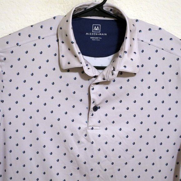 Mizzen Main Shirt Men Medium Short Sleeve Golf Polo Trim Fit Gray Blue Circles - Picture 1 of 6